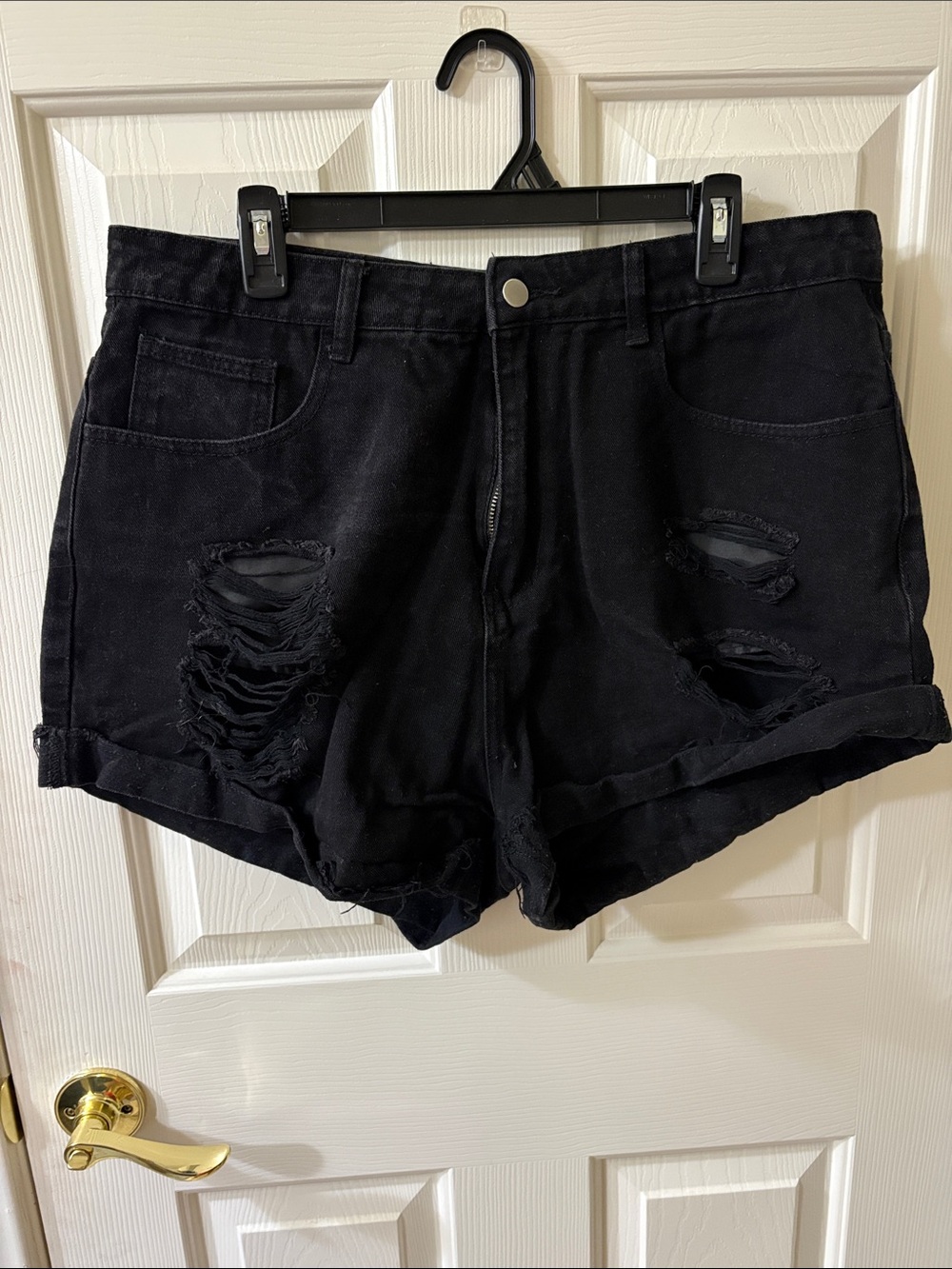 SHEIN Black Distressed Rolled-Hem Denim Shorts